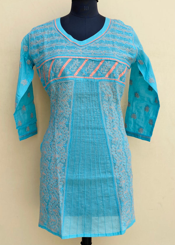 Lucknowi Chikankari Short Kurti Blue Cotton With Mukaish Work