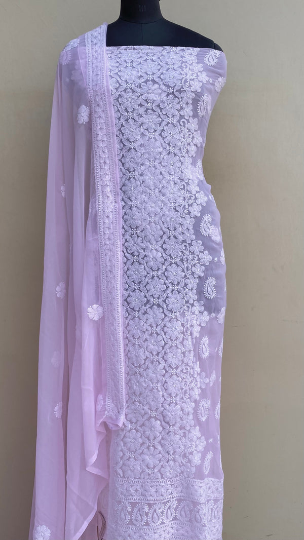 Lucknowi Chikankari Suit Length 3 Piece Pink Georgette