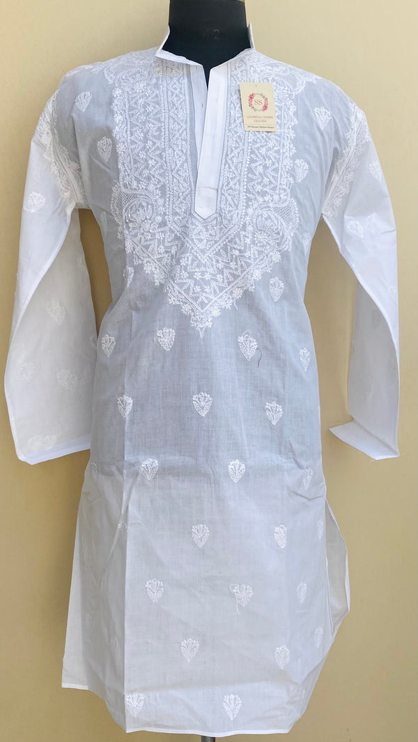 Lucknowi ChikanKari Men’s Kurta White Cotton With  Jaali Work