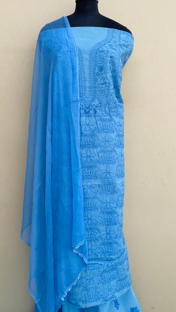 Lucknowi Chikankari Suit Length 3 Piece Blue Cotton