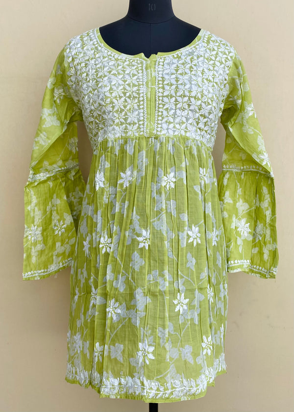 Lucknowi ChikanKari Printed Short Kurti Sea Green Mulmul Cotton