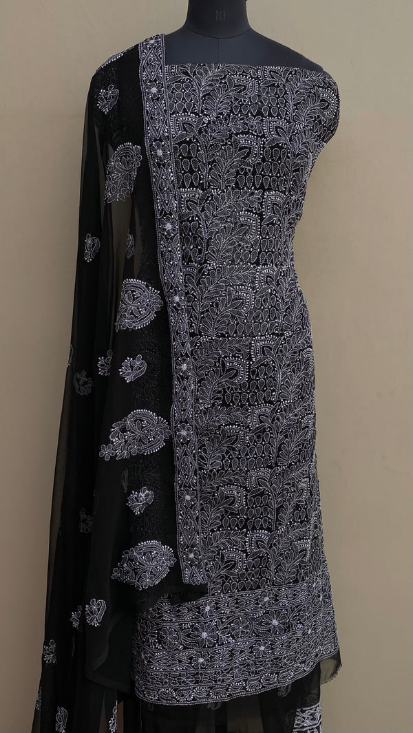 Lucknowi Chikankari Suit Length 3 Piece Black Georgette