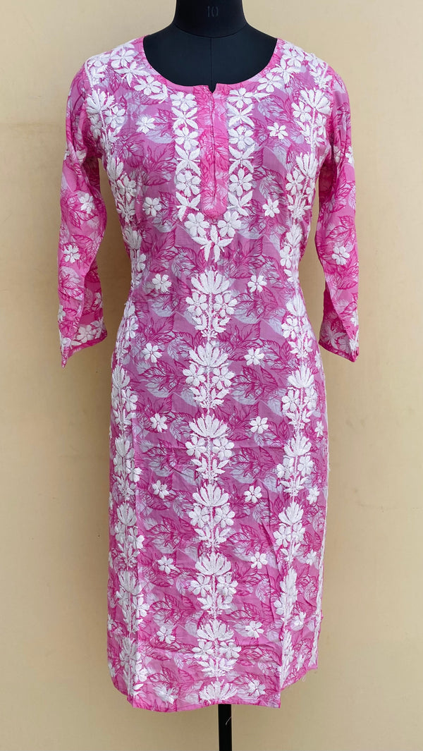Lucknowi Chikankari Printed Kurti Pink Mulmul Cotton
