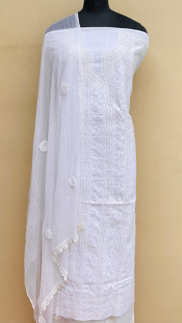 Lucknowi Chikankari Suit Length 3 Piece White Cotton With Applique Work