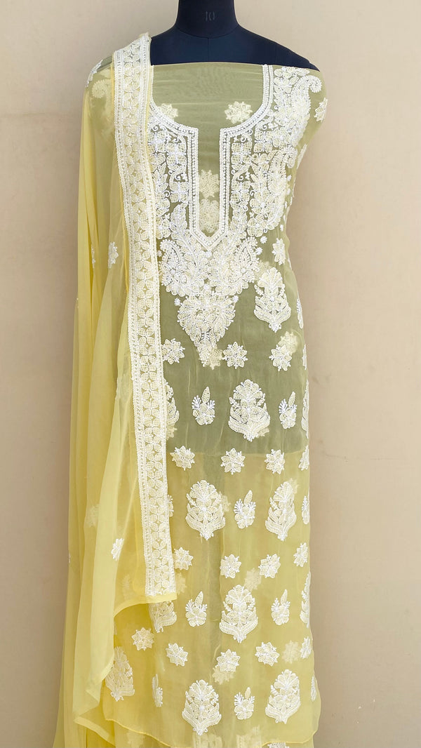 Lucknowi Chikankari Suit Length 3 Piece Yellow Georgette