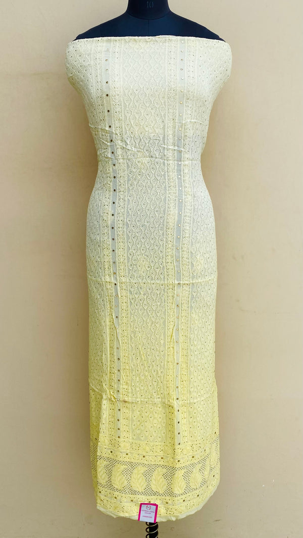 Lucknowi Chikankari Kurta Length Lemon Yellow Pure Georgette With Mukaish Work