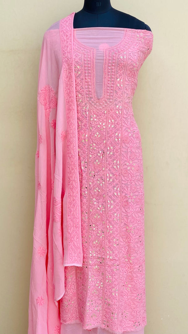 Lucknowi Chikankari Suit Length 2 Piece Pink Pure Georgette With Gotta Patti , Mirror & Mukaish Work