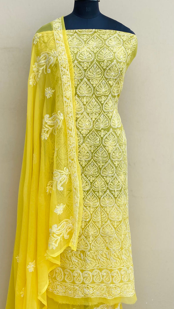 Lucknowi Chikankari Suit Length 3 Piece Yellow Georgette