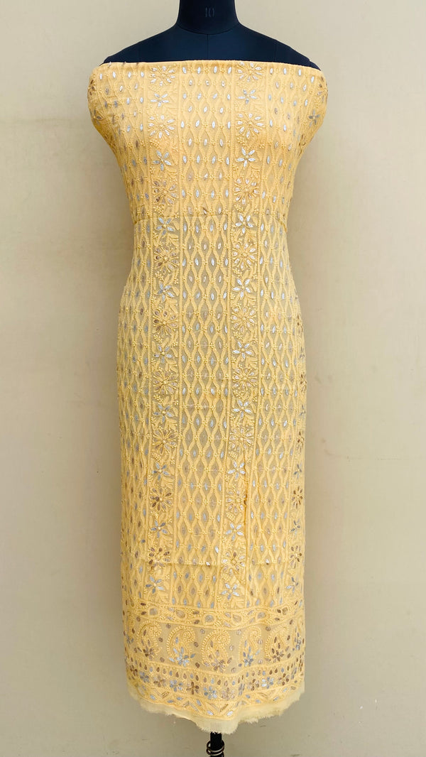 Lucknowi Chikankari Kurta Length Yellow Pure Georgette With  Gotta Patti Work