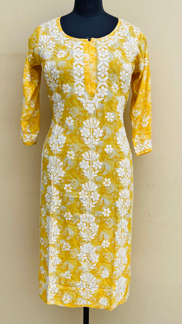 Lucknowi Chikankari Printed Kurti Yellow Mulmul Cotton