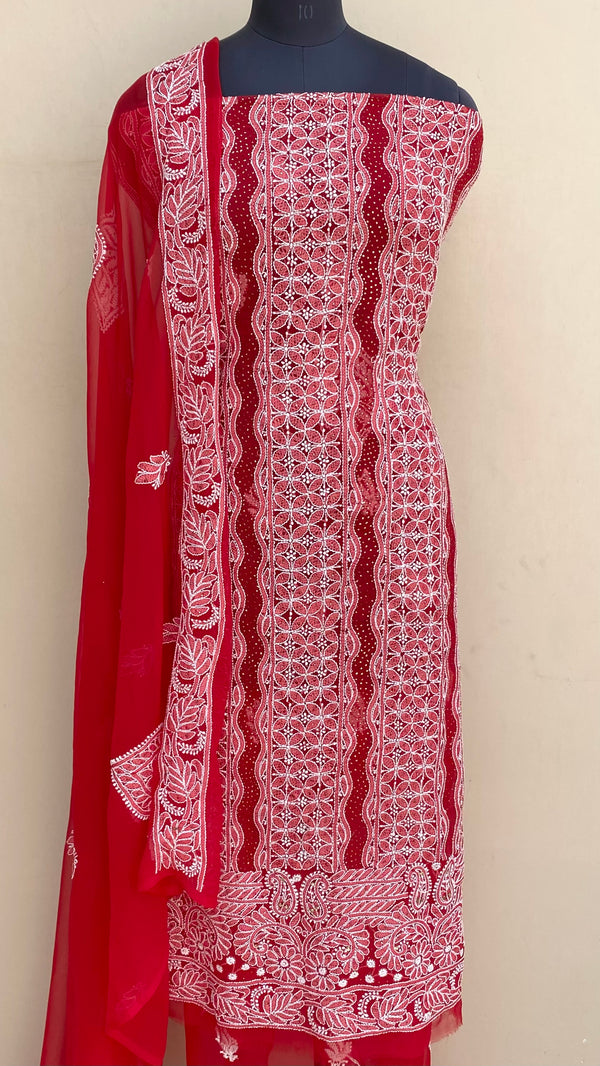 Lucknowi Chikankari Suit Length 3 Piece Red Georgette With Makaish Work