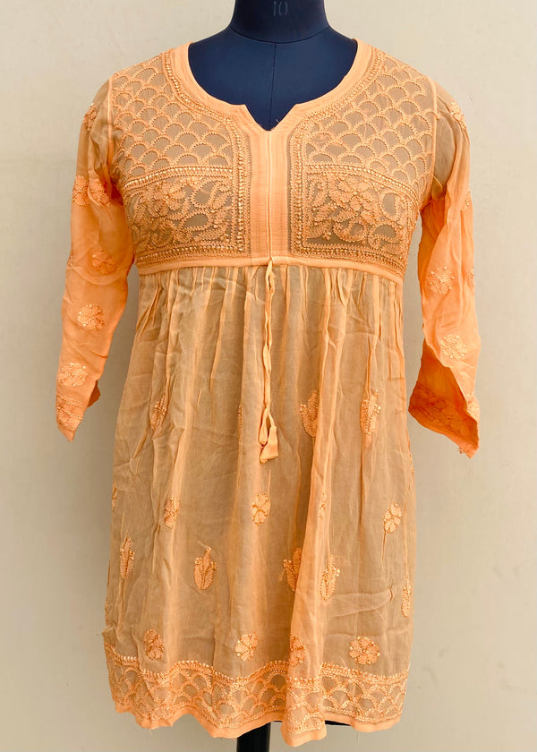 Lucknowi Chikankari Short Kurti Peach Pure Georgette With Resham Work