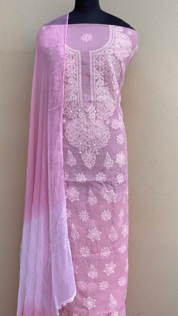 Lucknowi Chikankari Suit Length 3 Piece Pink Cotton