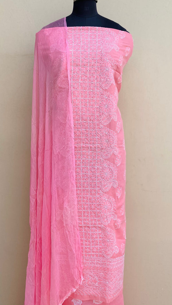 Lucknowi Chikankari Suit Length 3 Piece Pink Cotton