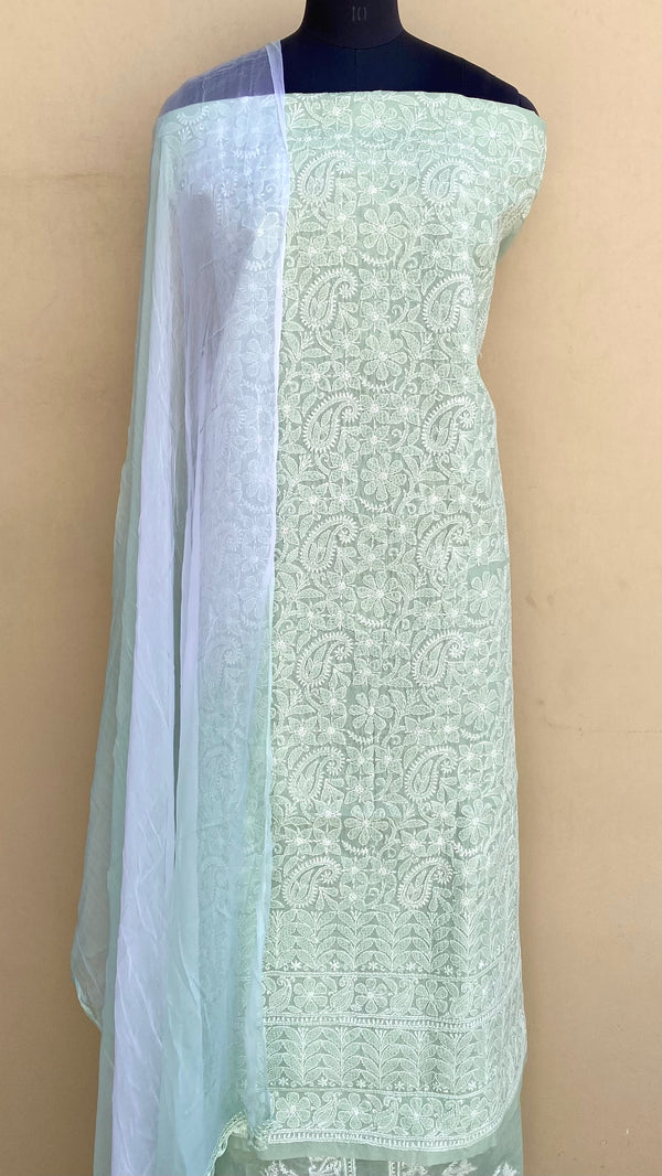 Lucknowi Chikankari Suit Length 3 Piece Teal Green Cotton