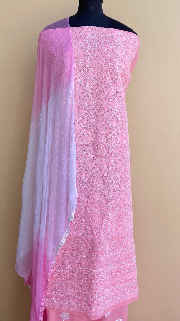 Lucknowi Chikankari Suit Length 3 Piece Pink Cotton