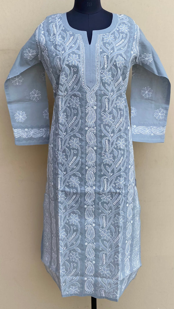 Lucknowi Chikankari Kurti Gray Cotton With Applique Work