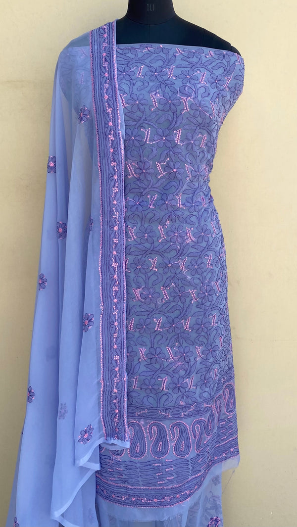 Lucknowi Chikankari Suit Length 3 Piece Purple Georgette