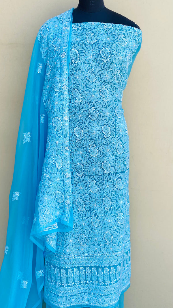 Lucknowi Chikankari Suit Length 3 Piece Blue Georgette