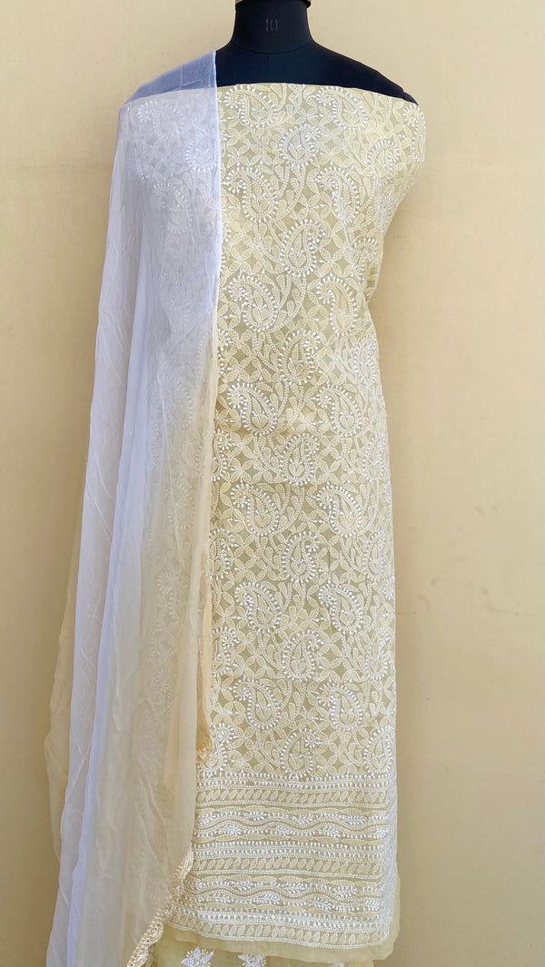 Lucknowi Chikankari Suit Length 3 Piece Beige Cotton