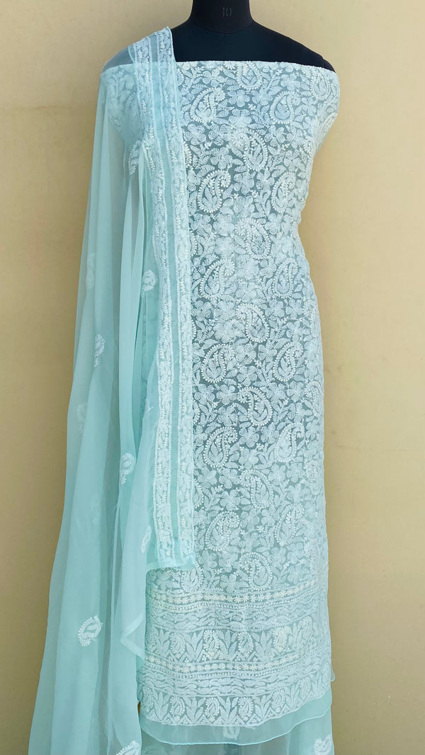 Lucknowi Chikankari Suit Length 3 Piece Sea Green Georgette