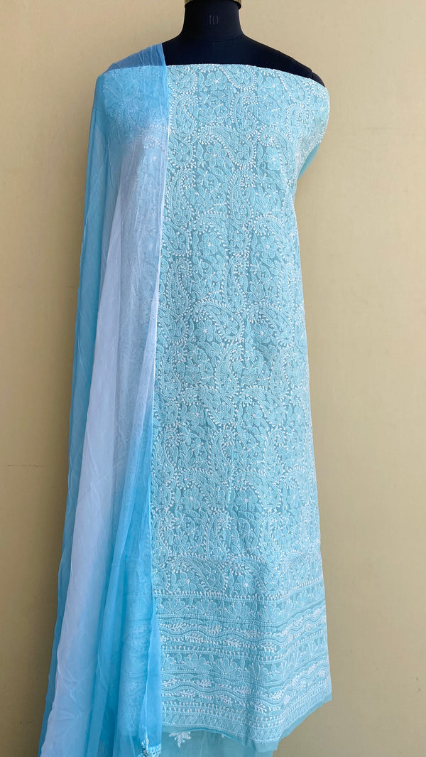 Lucknowi Chikankari Suit Length 3 Piece Blue Cotton