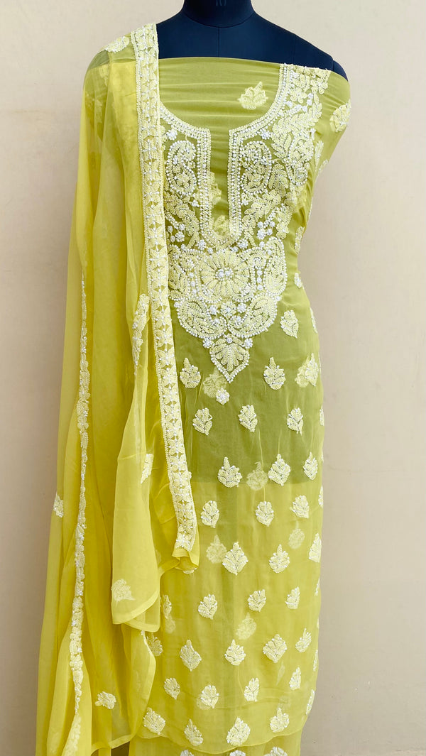 Lucknowi Chikankari Suit Length 3 Piece Mehndi Green Georgette