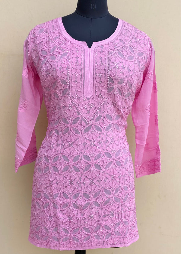 Lucknowi Chikankari Short Kurti Pink Pure Georgette With Resham Work