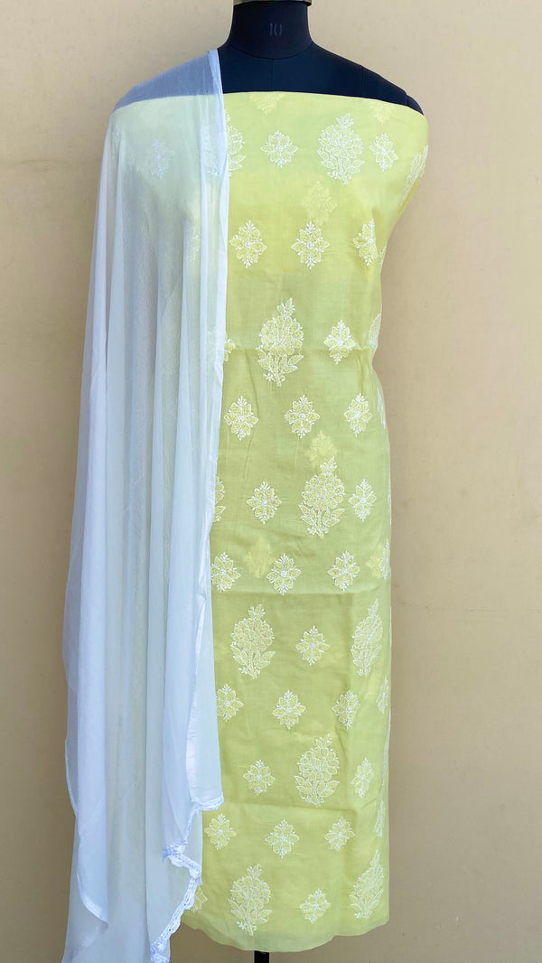 Lucknowi Chikankari Suit Length 3 Piece Parrot Green Cotton