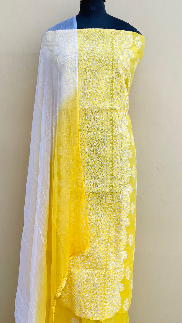 Lucknowi Chikankari Suit Length 3 Piece Yellow Cotton