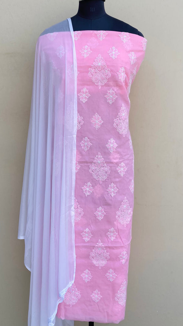 Lucknowi Chikankari Suit Length 3 Piece Pink Cotton