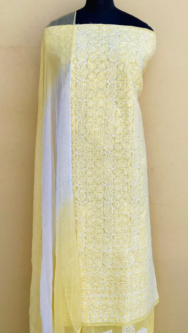 Lucknowi Chikankari Suit Length 3 Piece Yellow Cotton