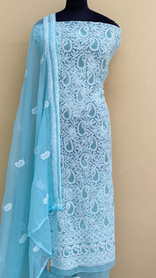 Lucknowi Chikankari Suit Length 3 Piece Sea Green Georgette With Jaali Work