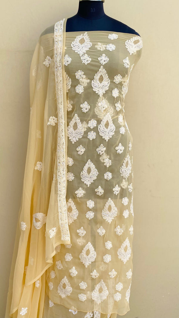 Lucknowi Chikankari Suit Length 3 Piece Beige Georgette With Jaali Work