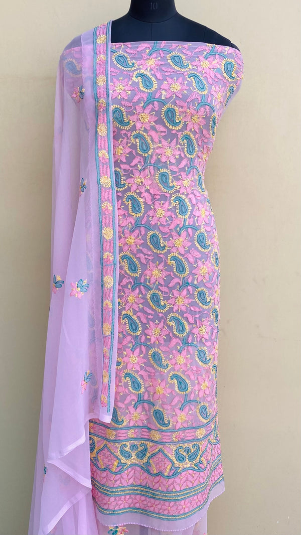 Lucknowi Chikankari Suit Length 3 Piece Pink Georgette