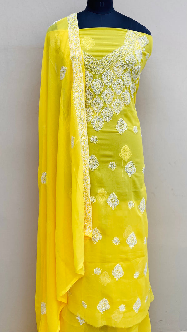 Lucknowi Chikankari Suit Length 3 Peice Yellow Georgette