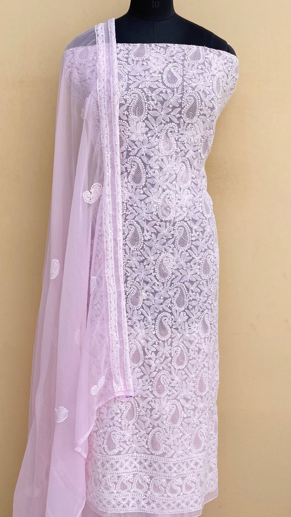 Lucknowi Chikankari Suit Length 3 Piece Pink Georgette With Jaali Work