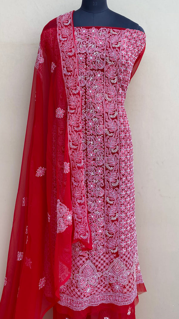 Lucknowi Chikankari Suit Length 3 Piece Red Georgette