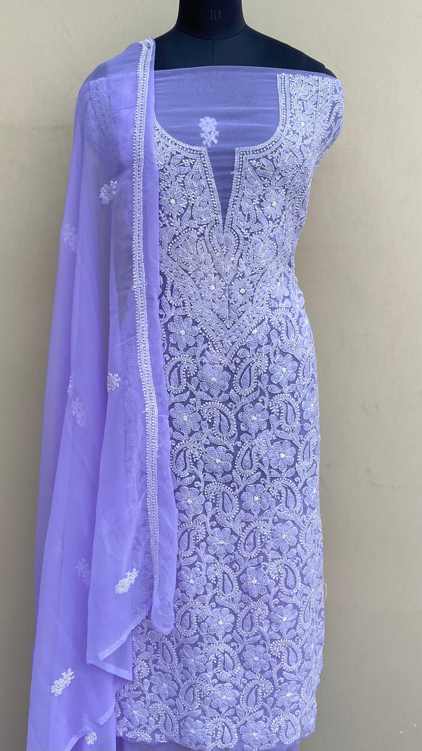 Lucknowi Chikankari Suit Length 3 Piece Purple Georgette