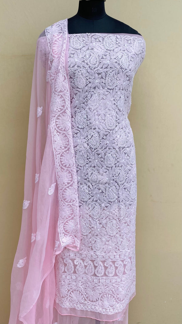 Lucknowi Chikankari Suit Length 3 Piece Pink Georgette