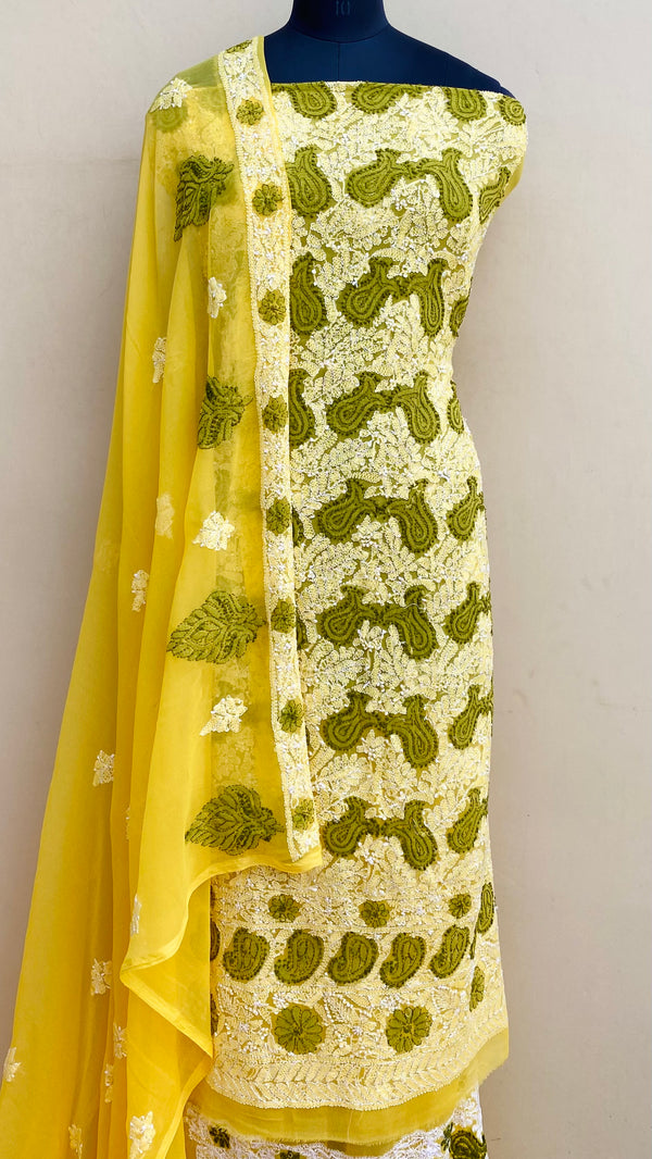 Lucknowi Chikankari Suit Length 3 Piece Yellow Georgette