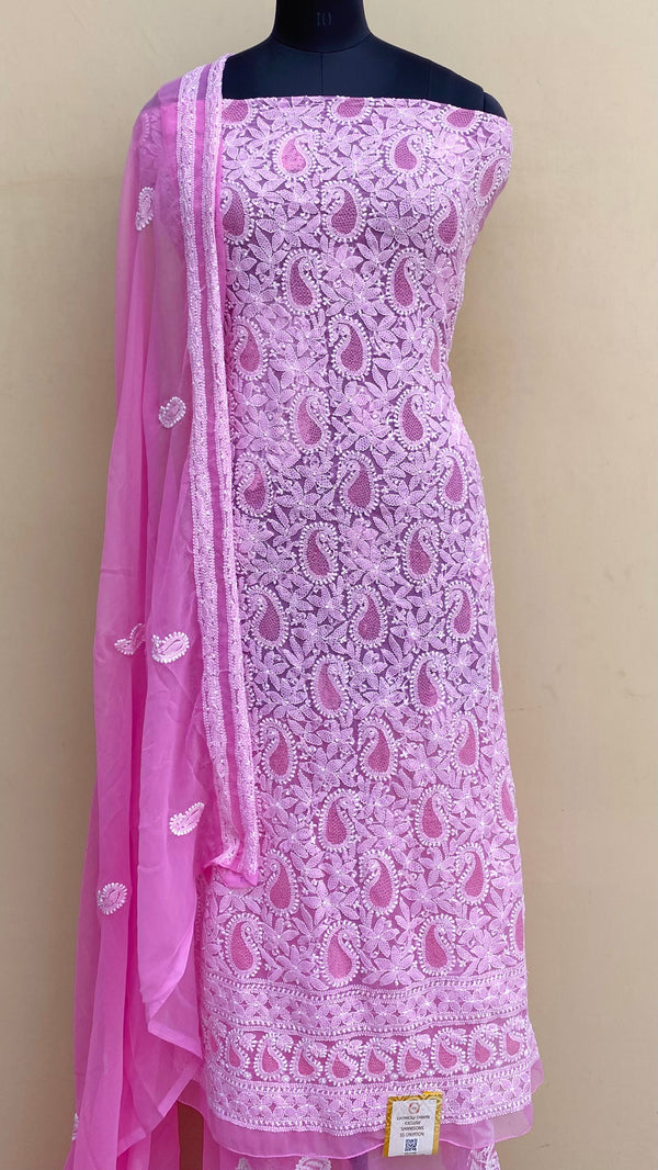 Lucknowi Chikankari Suit Length 3 Piece Pink Georgette With Jaali Work