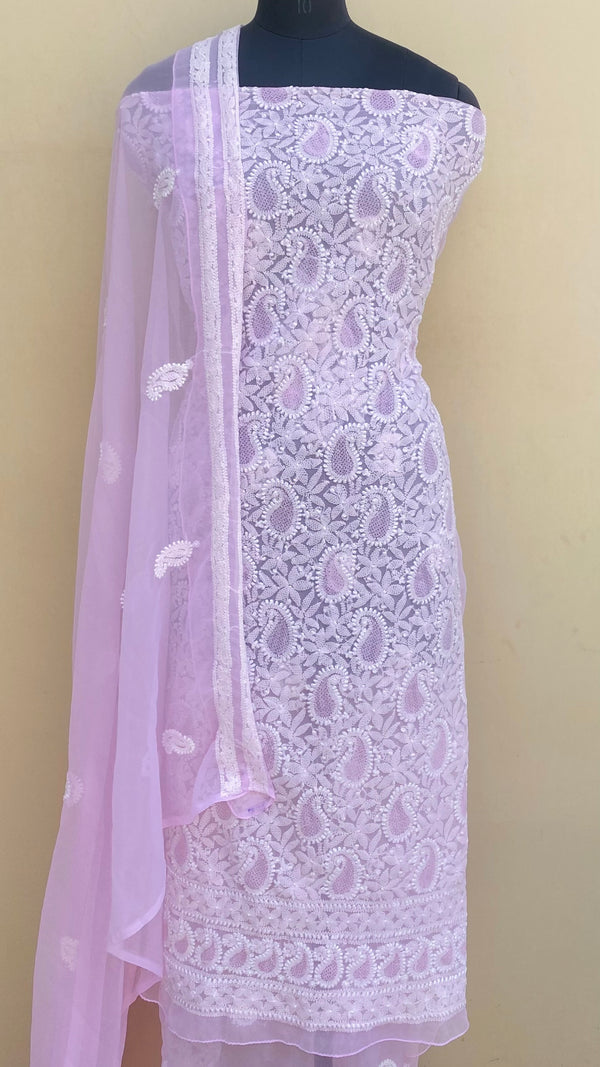 Lucknowi Chikankari Suit Length 3 Piece Pink Georgette With Jaali Work