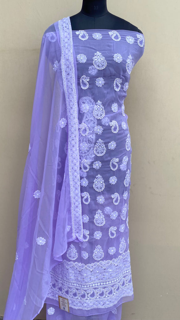 Lucknowi Chikankari Suit Length 3 Piece Purple Georgette With Jaali Work