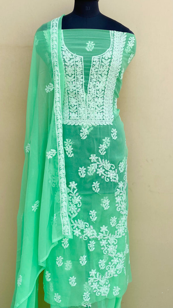 Lucknowi Chikankari Suit Length 3 Piece Parrot Green Georgette