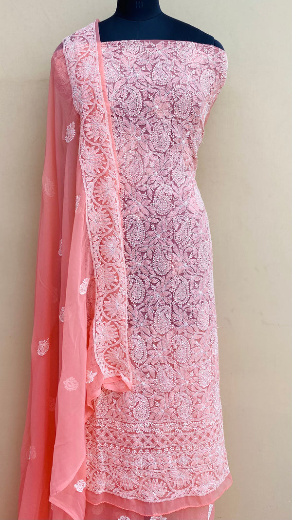 Lucknowi Chikankari Suit Length 3 Piece Peach Georgette