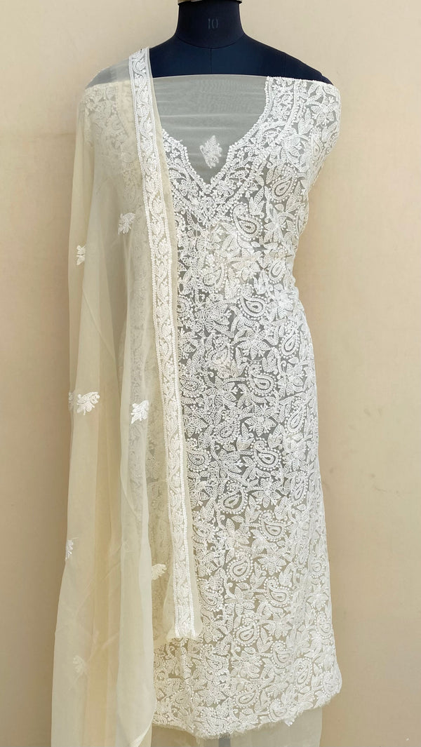 Lucknowi Chikankari Suit Length 3 Piece Beige Georgette