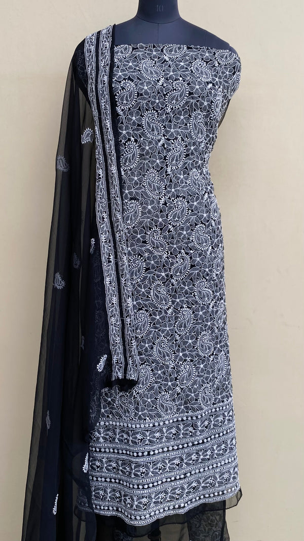 Lucknowi Chikankari Suit Length 3 Piece Black Georgette