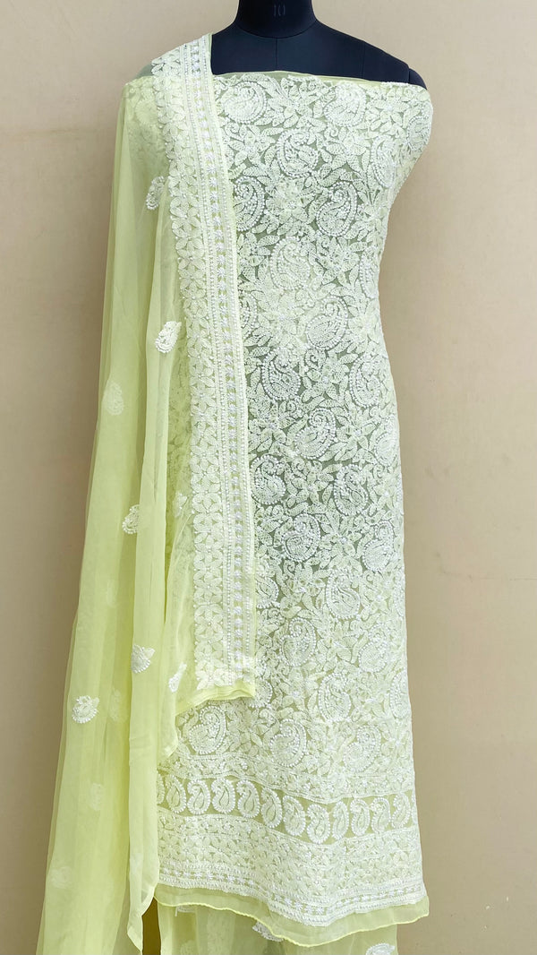 Lucknowi Chikankari Suit Length 3 Piece Lemon Yellow Georgette