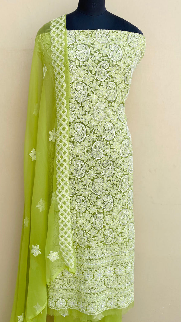 Lucknowi Chikankari Suit Length 3 Piece Green Georgette